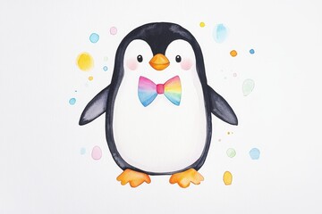 Obraz premium Adorable penguin with rainbow bow tie watercolor illustration