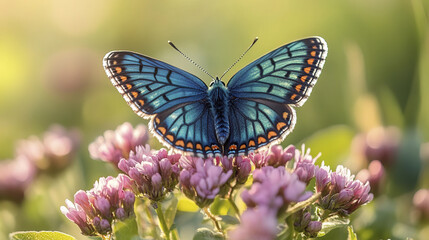 Naklejka premium vibrant butterfly with blue and green wings resting on flowers