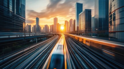 Obraz premium A futuristic high-speed train on elevated tracks, cutting through a modern urban skyline at sunrise