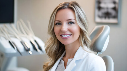dentist smiling in modern clinic, showcasing professionalism and care. sleek environment enhances welcoming atmosphere for patients