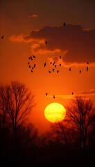 Obraz premium Silhouettes at Dusk Birds and Trees Against a Fiery Sunset Sky