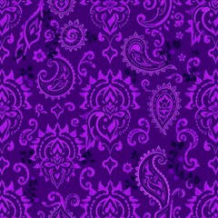 Fototapeta premium Purple Paisley Pattern: A seamless, intricate paisley pattern in vibrant purple hues, featuring delicate floral motifs and swirls, creating a captivating and elegant design. Perfect for textiles.