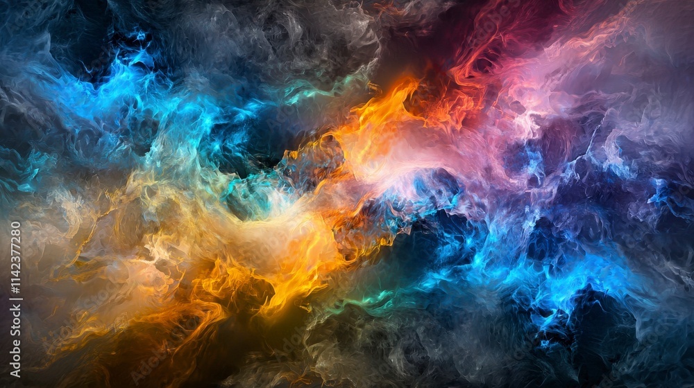 Poster abstract energy-infused clouds emitting soft multicolor light digital art cosmic environment unique 