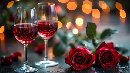 A pair of matching heart-shaped wine glasses filled with red wine, placed on a white table with a single red rose beside them.