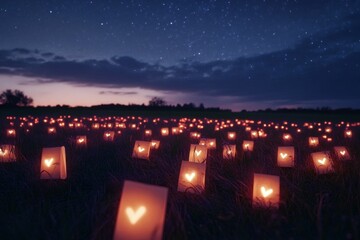 Heart-shaped lights illuminate a field at night.