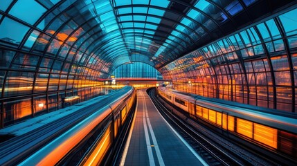 A futuristic high-speed train station with glass walls, curved architecture, and a train ready for departure under vibrant lighting