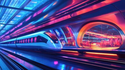 Fototapeta premium A futuristic high-speed train station with glass walls, curved architecture, and a train ready for departure under vibrant lighting
