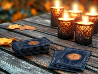 Mystic Tarot Card Setup with Illuminated Candles on a Rustic Wooden Table Surrounded by Autumn Leaves for Spiritual and Intuitive Exploration