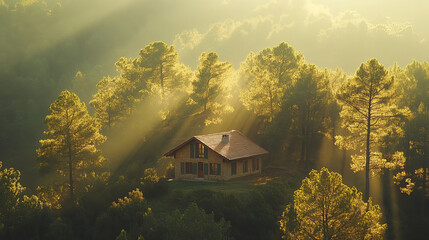 small cottage nestled on hilltop, surrounded by golden pine trees