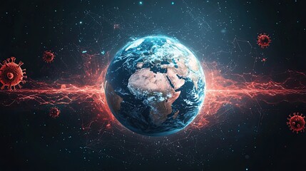 Obraz premium A digital illustration of Earth surrounded by glowing particles and virus representations, highlighting global health challenges.
