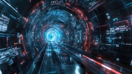 A futuristic high-speed train surrounded by holographic data projections, symbolizing advanced engineering and AI integration