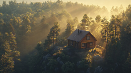 small cottage surrounded by trees on hilltop, bathed in sunlight
