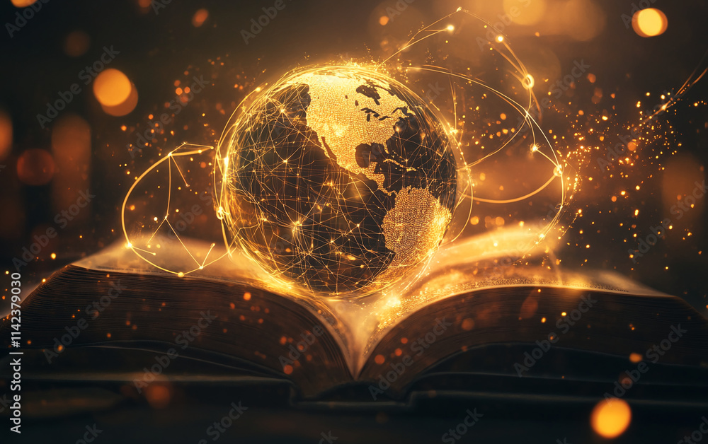 Poster glowing globe floating above an open book in a dark room, depicting knowledge and connection