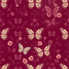 Crimson Butterfly Garden: A seamless pattern of elegant butterflies and delicate flowers on a rich crimson background. Perfect for textile design, wallpaper.