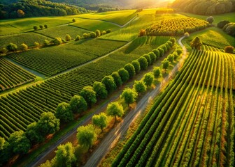 Fototapeta premium Aerial Drone Photography: Lush Green Vine Landscapes, Climbing Vines, Vineyard Drone Shots, Vine Trellis, Aerial View Wisteria, Grapevine Drone Images, Overhead Vine Photography