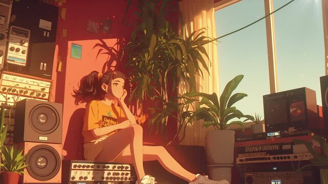 An anime girl sitting on a couch in a room with bright sunlight streaming through a window, surrounded by speakers and a record player. Loop