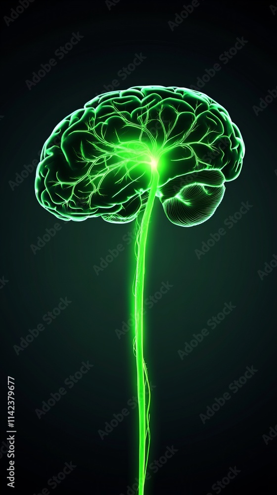 Poster glowing green human brain with a bright stem extending downwards, set against a dark background. a s