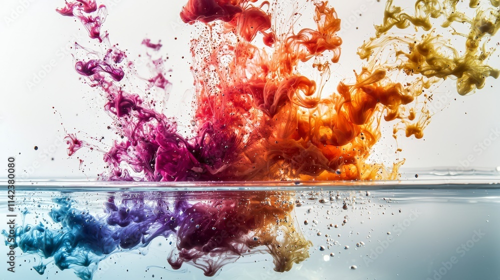 Poster vibrant ink droplets spreading into colorful tendrils abstract art scene fluid dynamics artistic env