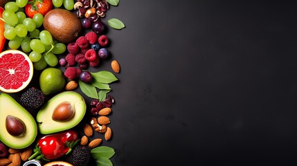 Healthy Fruits, Vegetables, and Nuts on Black Background