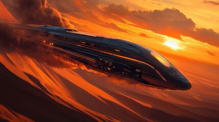 Obraz premium A futuristic high-speed train traveling across a desert landscape, with sand dunes and dramatic lighting under a setting sun