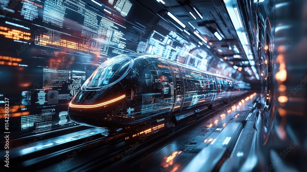 Poster a futuristic high-speed train surrounded by holographic data projections, symbolizing advanced engin