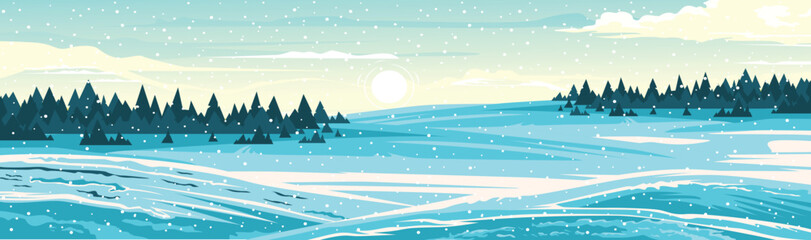 forest scene in winter with snow covered hills and trees