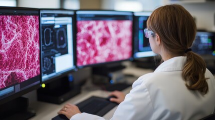 Scientist Analyzing Data on Multiple Monitors in Laboratory Setting