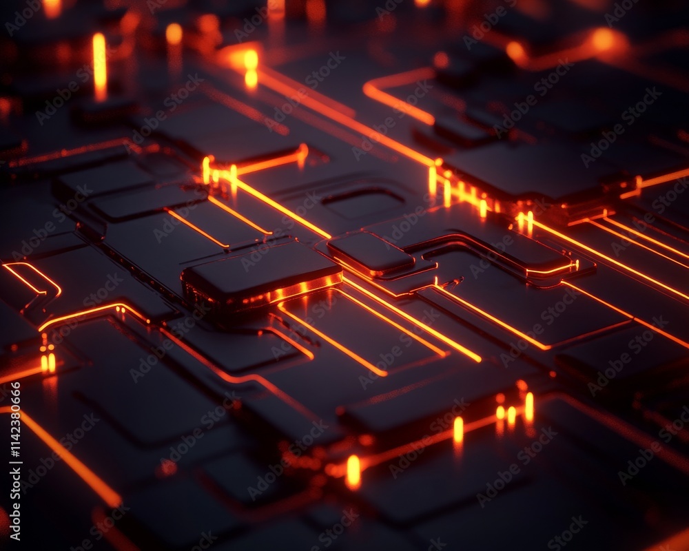 Poster a vibrant abstract image showcasing glowing circuit patterns with orange lights, representing modern