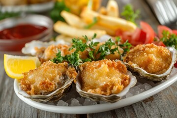 Fototapeta premium Fried Oysters Served with French Fries and Lemon