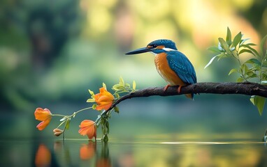 Obraz premium A beautiful kingfisher perched on a branch above a serene pond, its vivid colors reflected in the water, surrounded by lush vegetation and peaceful scenery
