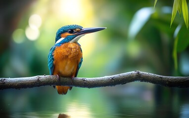 Fototapeta premium A beautiful kingfisher perched on a branch above a serene pond, its vivid colors reflected in the water, surrounded by lush vegetation and peaceful scenery