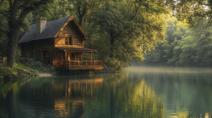 Obraz premium rustic wooden house by serene riverbank surrounded by lush trees