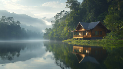 Fototapeta premium rustic wooden house by serene riverbank surrounded by lush greenery