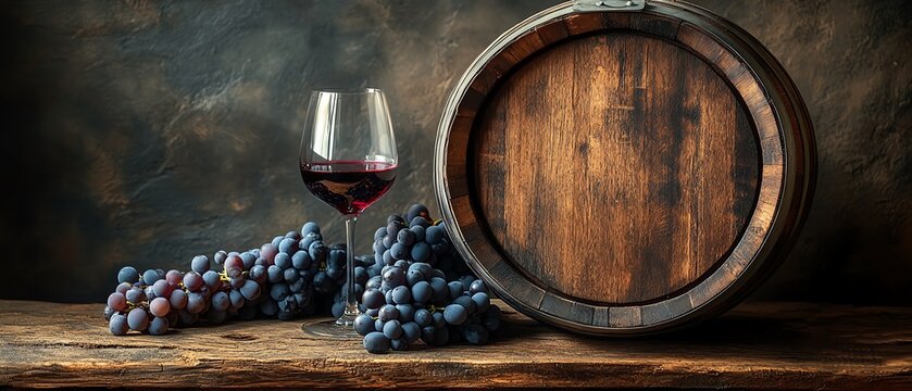 A classic oak wine barrel in a shadowy room, with clusters of grapes and a glass of wine, exuding an air of sophistication and the art of wine aging