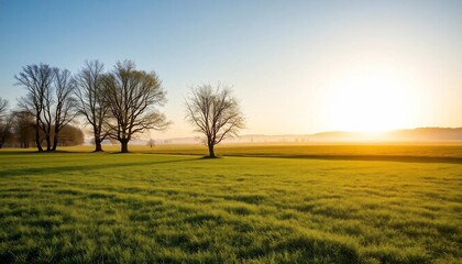 Sunrise Over Green Field with Trees Serene Landscape