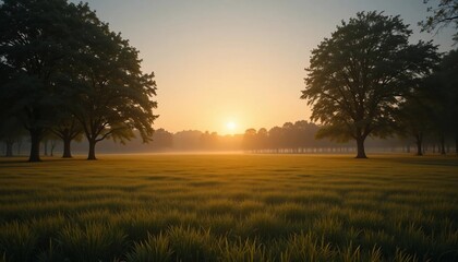 Naklejka premium Golden Sunrise over Misty Meadow with Trees