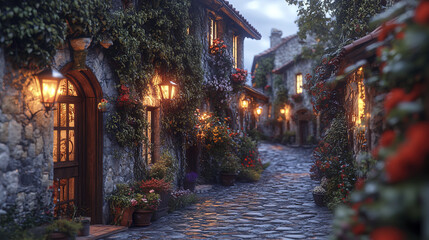 Fototapeta premium charming stone street lined with ivy covered houses and glowing lanterns