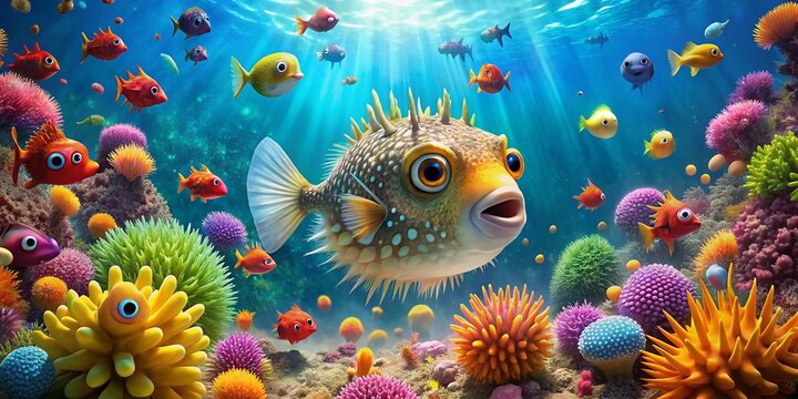 Aerial Drone Shot: Colorful Inflatable Fish Ocean Scene, Finding Nemo Inspired, Underwater Adventure, Cartoon Fish,  Blowfish Paradise,  Ocean Life Photography