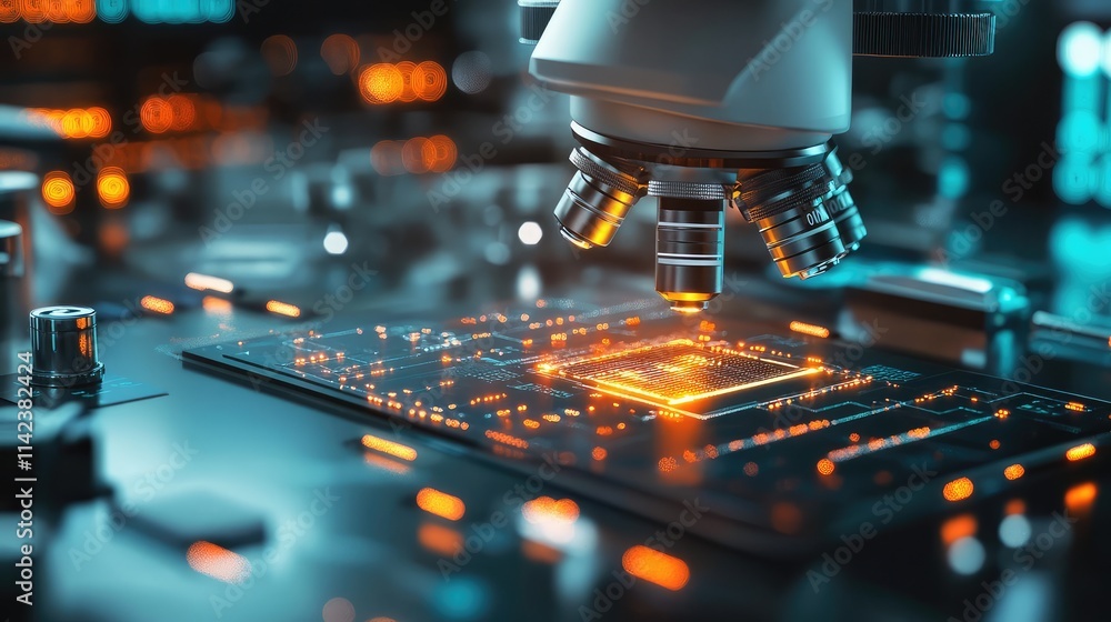 Poster a futuristic lab setup showing a microchip under a microscope, with glowing circuits and advanced im