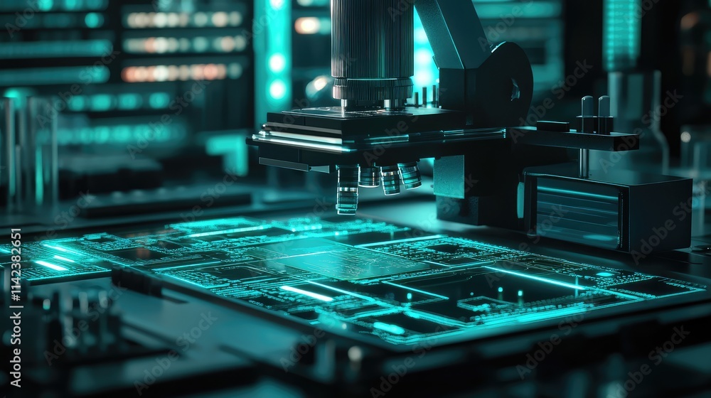 Poster a futuristic lab setup showing a microchip under a microscope, with glowing circuits and advanced im
