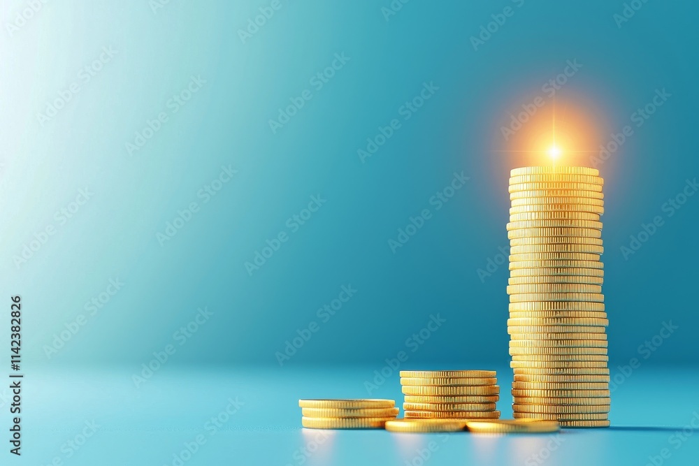 Poster secure investment stability concept. stack of coins with a glowing light on top.