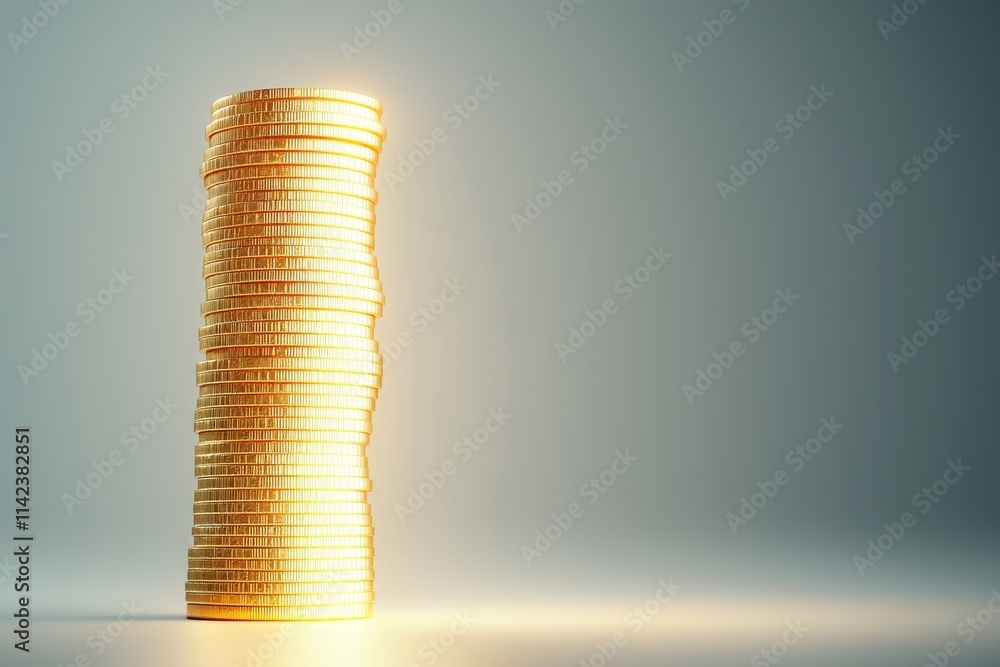 Poster secure investment stability concept. stack of shining gold coins on a soft gradient background.