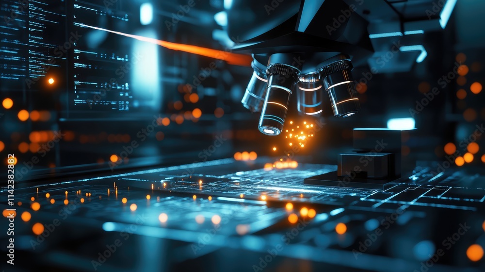 Poster a futuristic lab setup showing a microchip under a microscope, with glowing circuits and advanced im