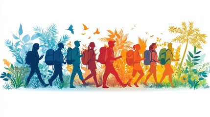 Group of Diverse Hikers with Backpacks Walking Through a Colorful Tropical Landscape with Lush Plants, Birds, and Vibrant Nature in the Background
