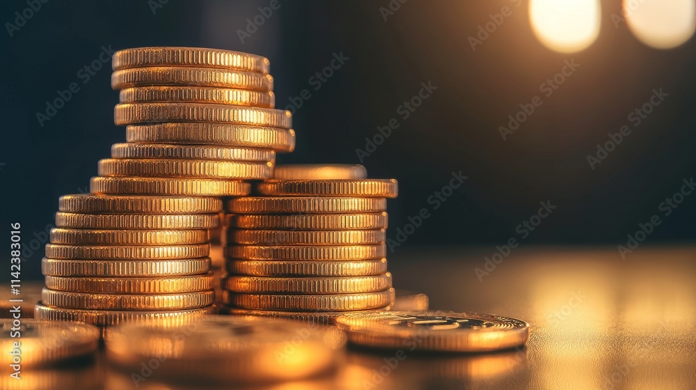 Poster secure investment stability concept. stacks of golden coins on a dark surface with soft lighting.