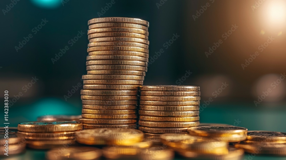 Poster secure investment stability concept. stacks of shiny coins on a blurred background