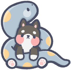 Polka dot snake hugging dog