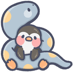 Polka dot snake hugging penguin