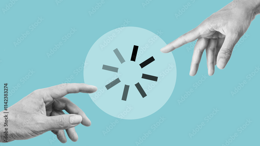 Poster hands are reaching out to each other with a download icon. decision making process