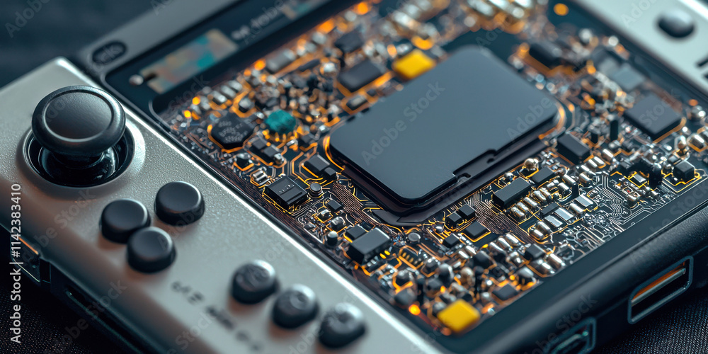 Poster a close-up of intricate circuitry inside a handheld gaming device, showcasing its detailed component